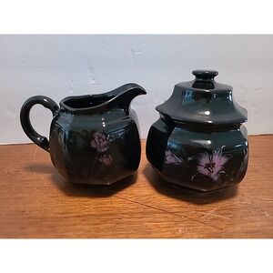 Mikasa EBONY GARDEN Sugar Bowl and Creamer Set Pink Yellow Flowers Black F3701